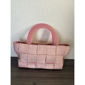 M & G Bertini Italy Pink White Woven Straw Tote Bag Logo Lucite Handle Vintage